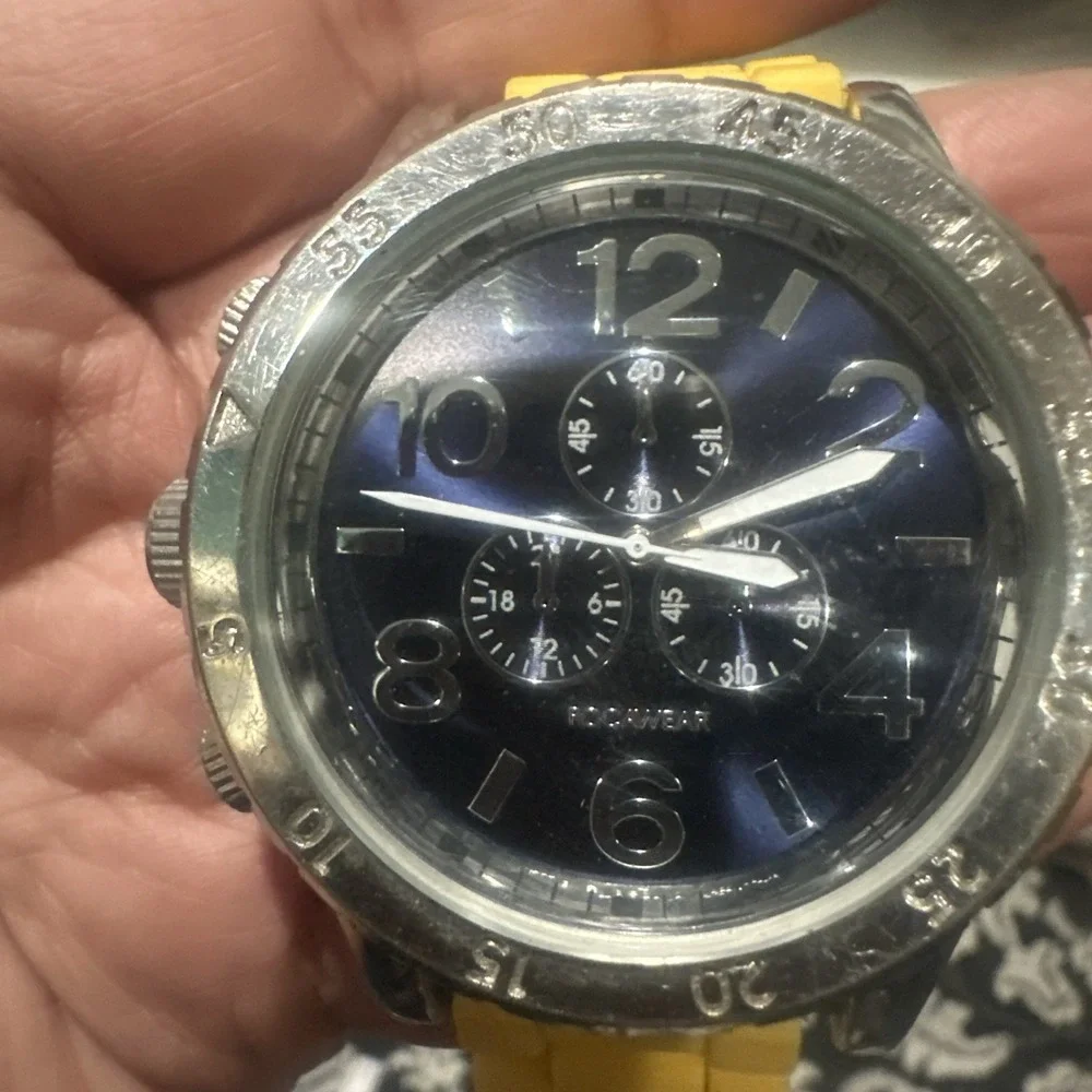 Works ROCAWEAR Mens Wristwatch Blue Dial Yellow Silicone Band Classic‎ 54mm Runs